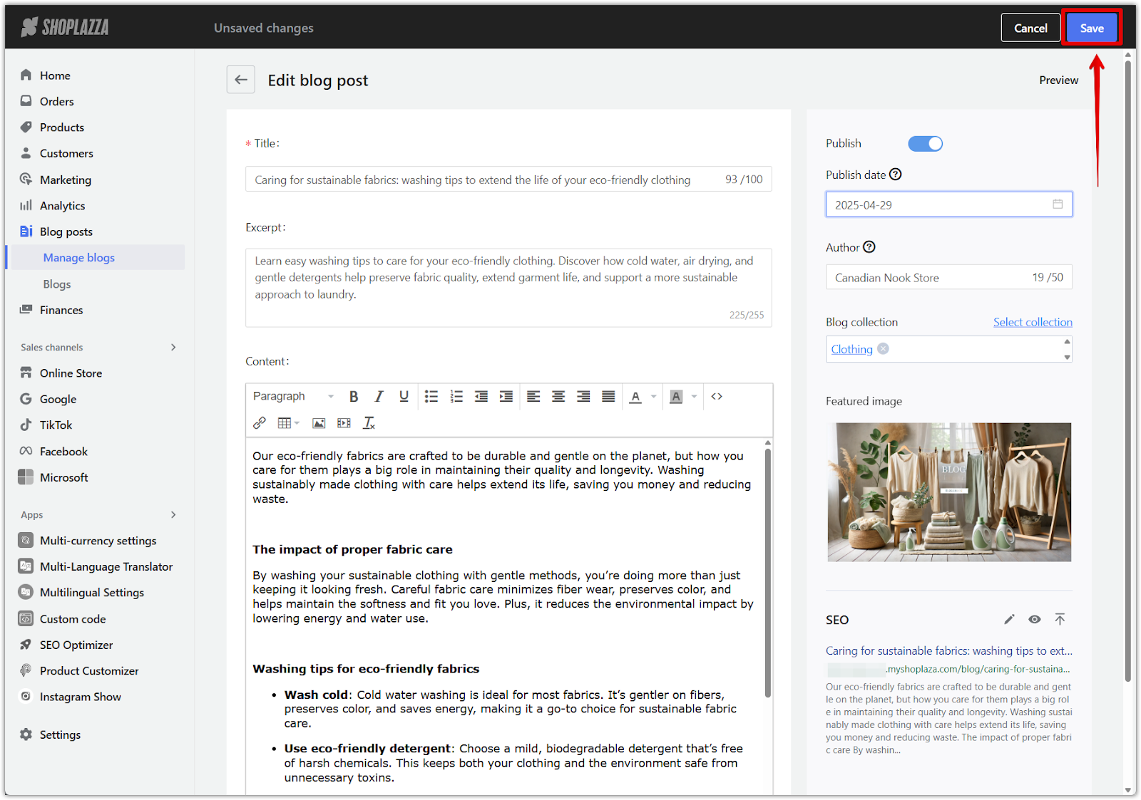 Fitur blogging Shoplazza