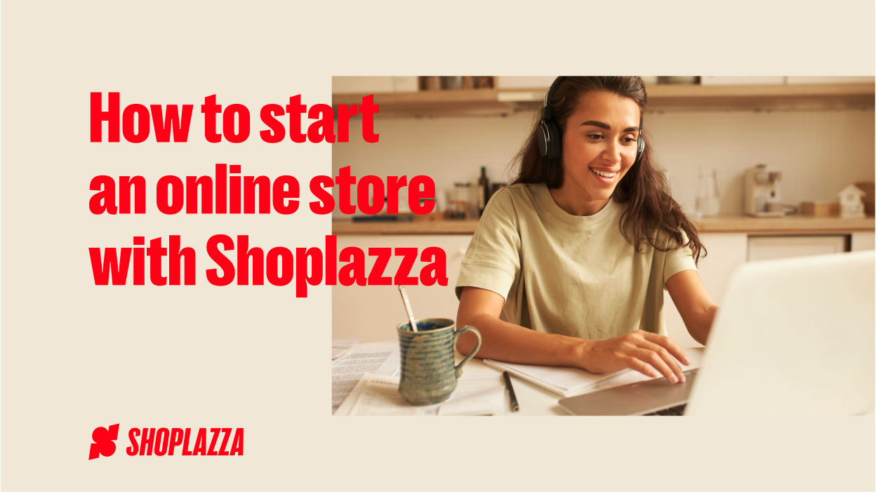 Coverafbeelding met de woorden How to start an online store with Shoplazza, Shoplazza logo en een foto van een vrouw met lang haar, zittend aan een tafel en gebruik makend van een laptop.